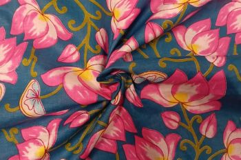 Lady McElroy Mughal Lotus - Peacock Blue - Cotton Lawn Hand-Dyed Block Print